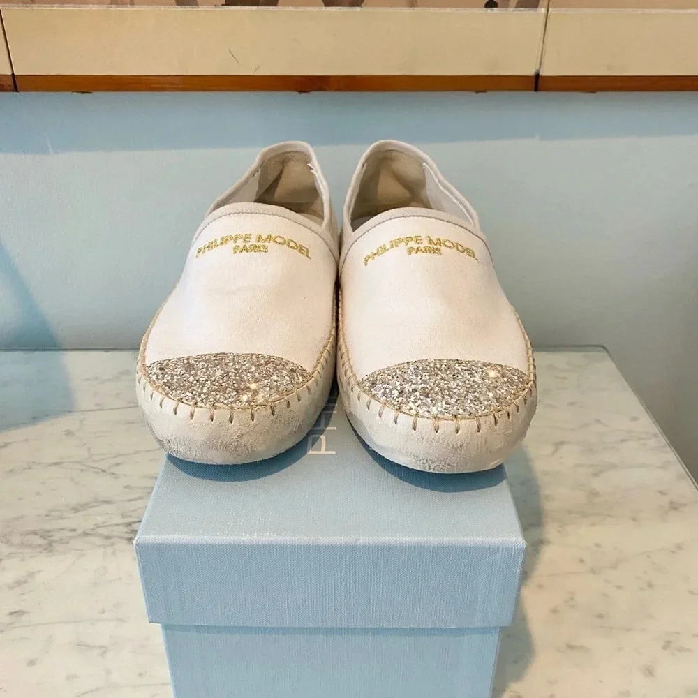 NEW Philippe Model Paris Marseille Canvas Gold Glitter Toe Espadrilles Size 41